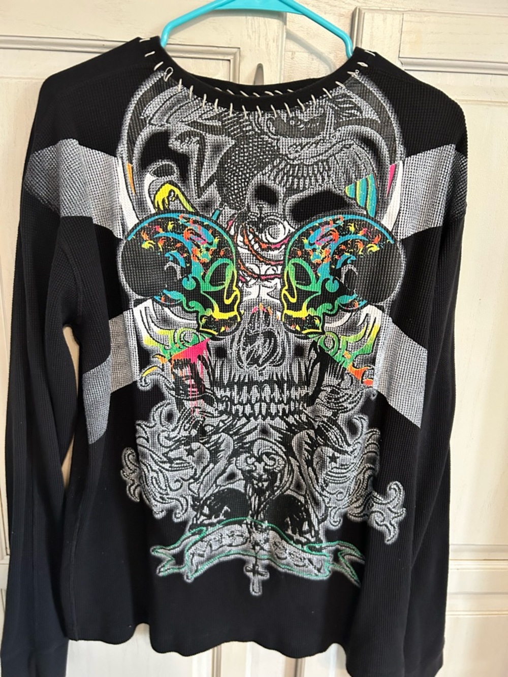 Vtg Y2K Miskeen Waffle Knit Skull Shirt 2XL